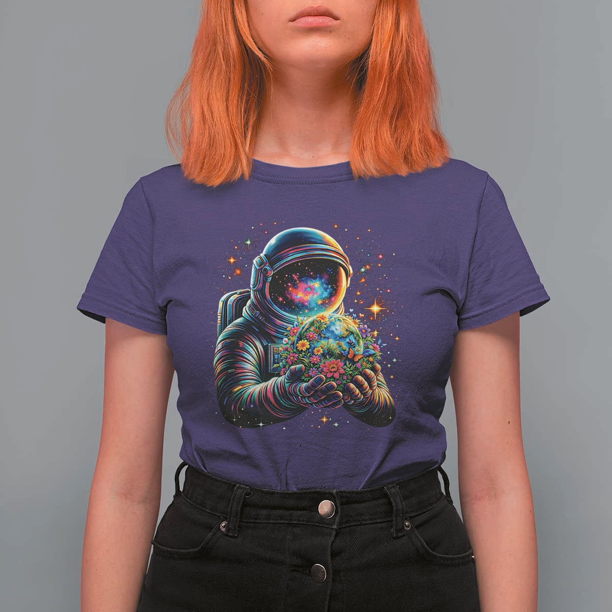 Astronaut Earth Flowers Spaceman Planet Galaxy Universe T Shirt For Women