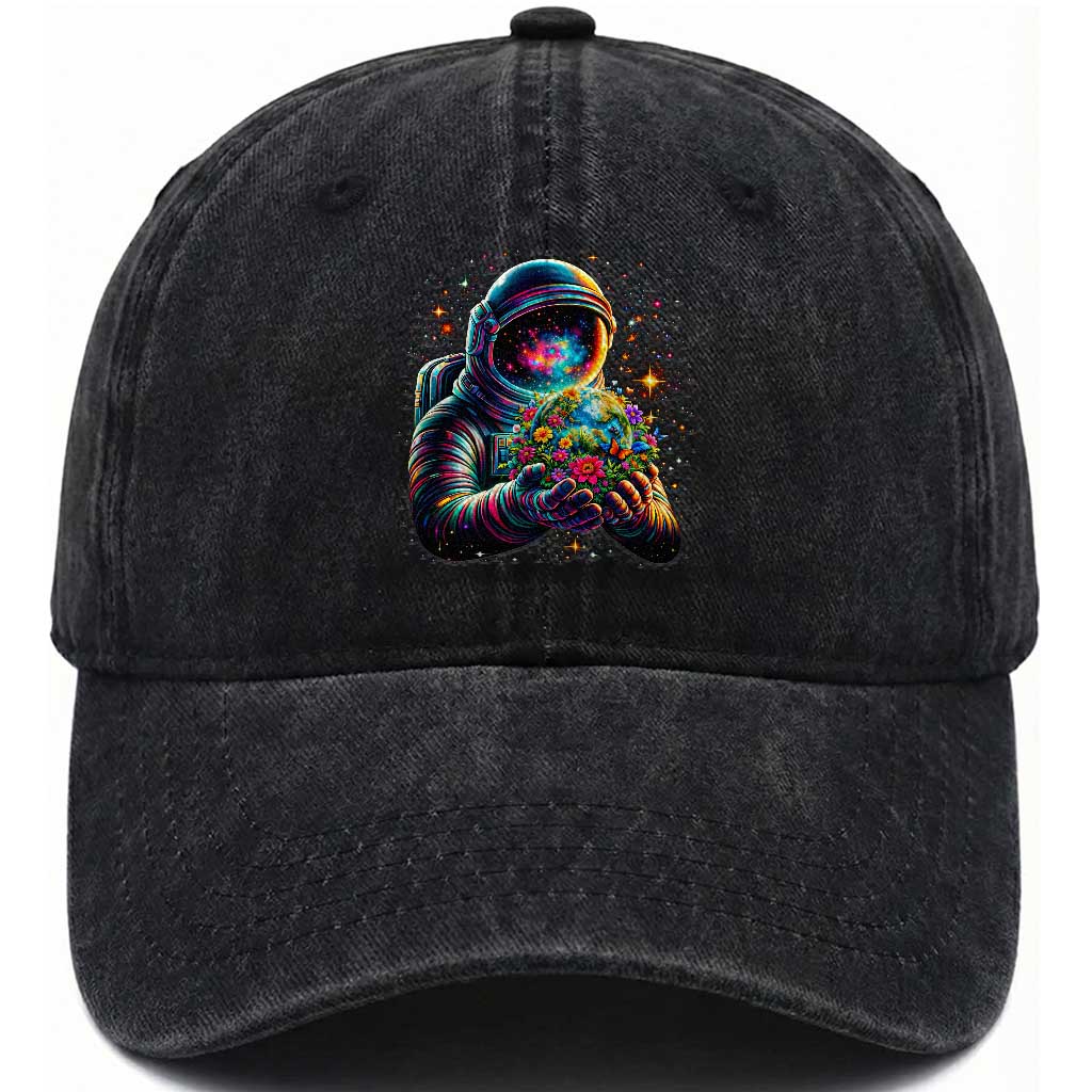 Astronaut Earth Flowers Spaceman Planet Galaxy Universe Washed Cotton Baseball Cap