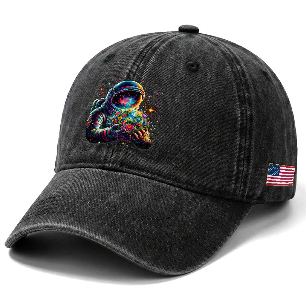 Astronaut Earth Flowers Spaceman Planet Galaxy Universe Washed Cotton Baseball Cap