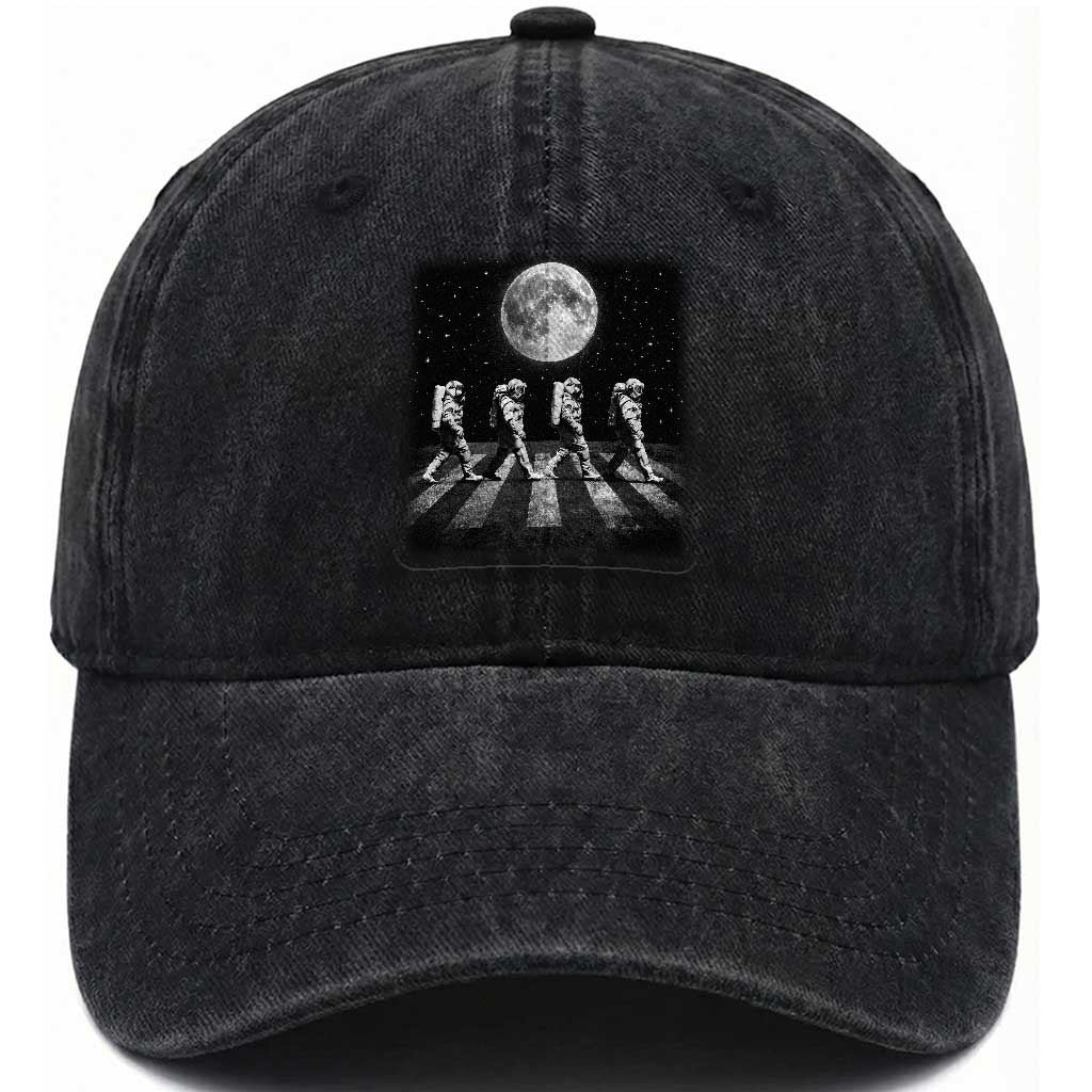 Astronauts Walking In Space Galaxy Moon Planet Washed Cotton Baseball Cap