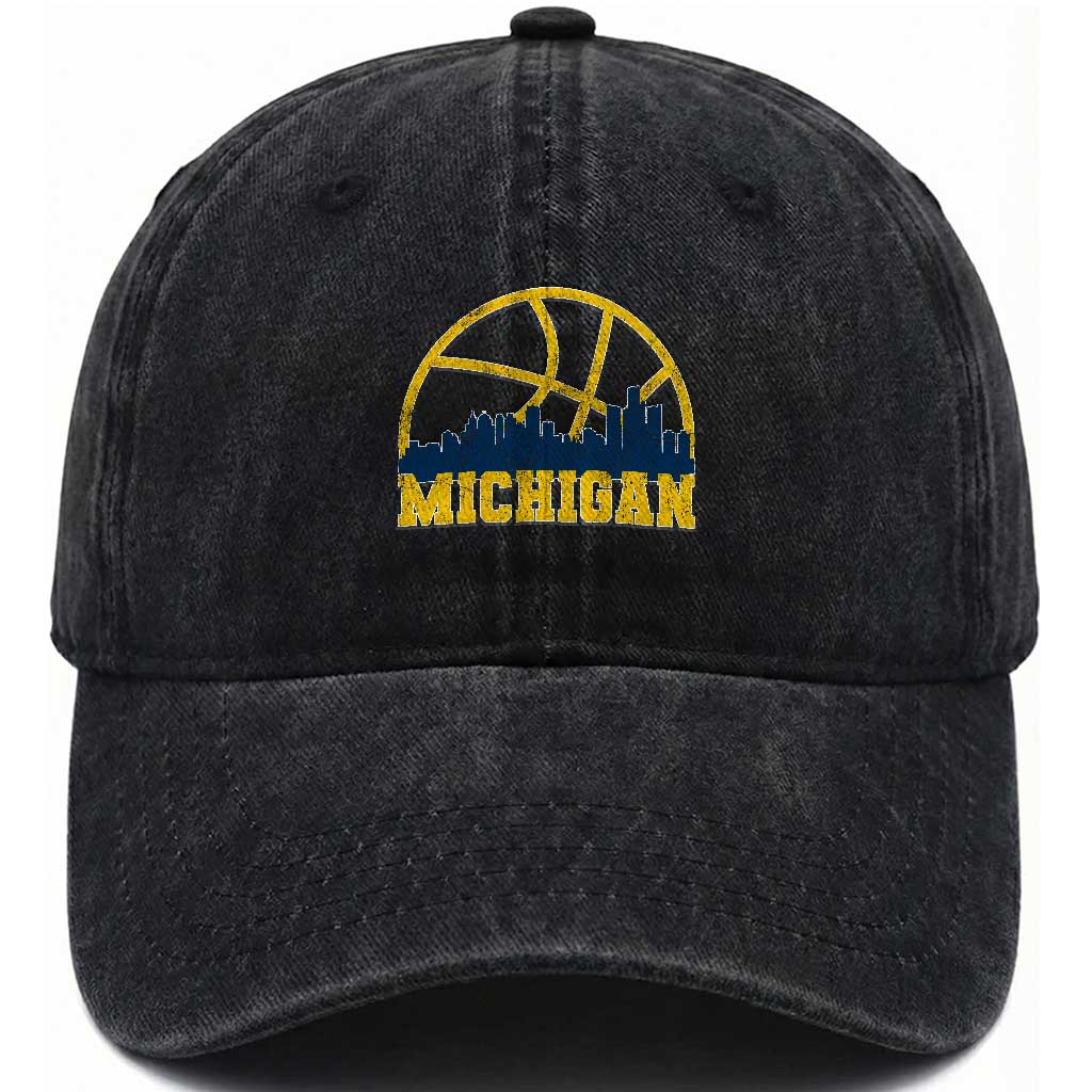 Michigan Fan Basketball Grooves Skyline MI State Washed Cotton Baseball Cap