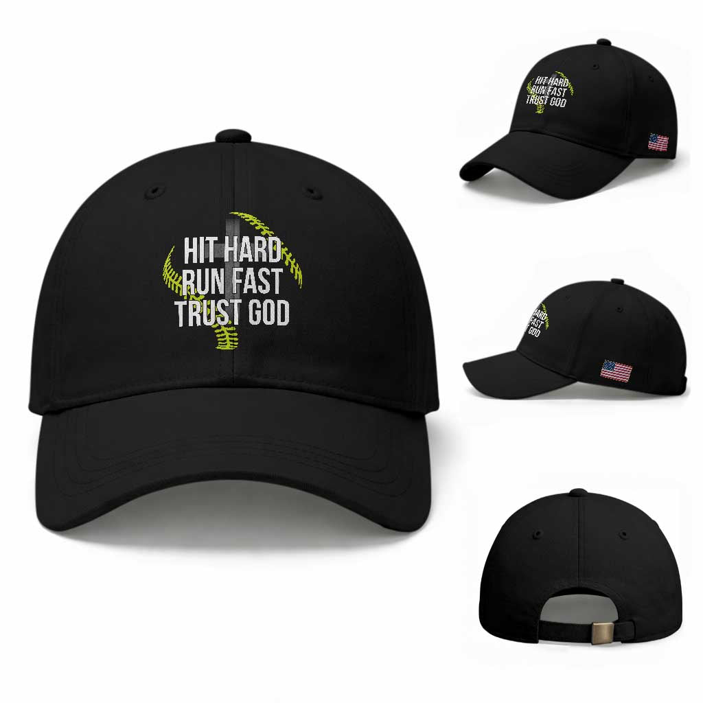 Hit Hard Run Fast Trust God Christian Softball Baseball Cap