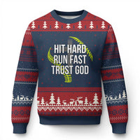 Hit Hard Run Fast Trust God Christian Softball Ugly Christmas Sweater