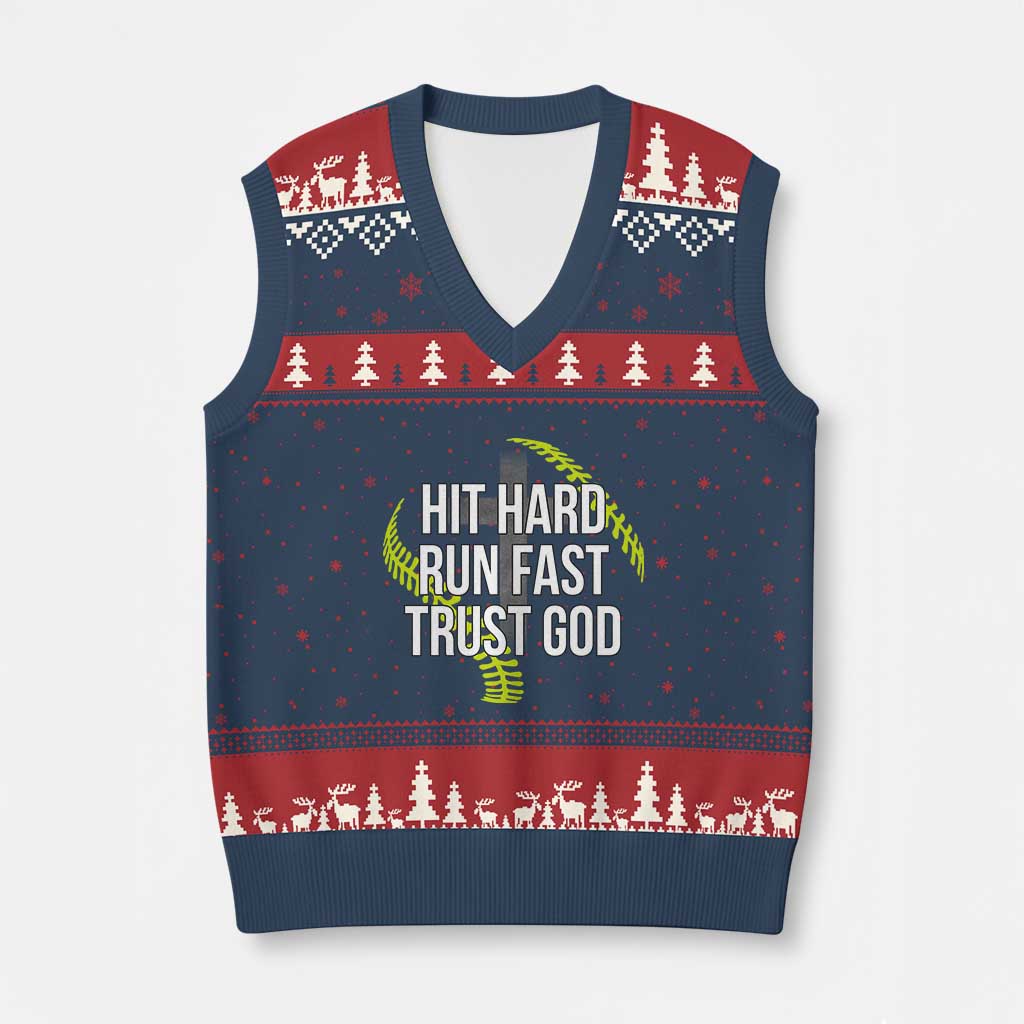 Hit Hard Run Fast Trust God Christian Softball V-Neck Knit Sweater Vest
