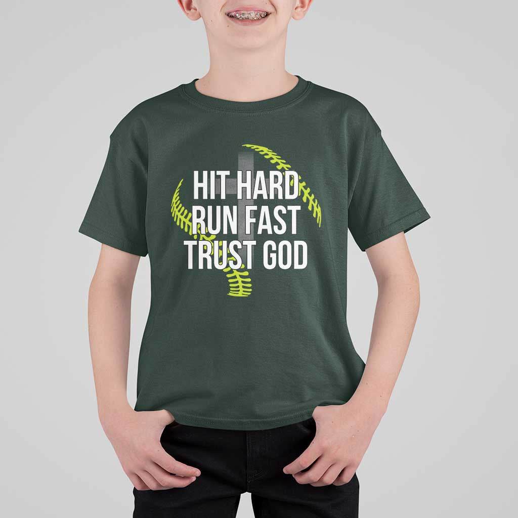 Hit Hard Run Fast Trust God Christian Softball T Shirt For Kid