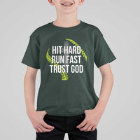 Hit Hard Run Fast Trust God Christian Softball T Shirt For Kid
