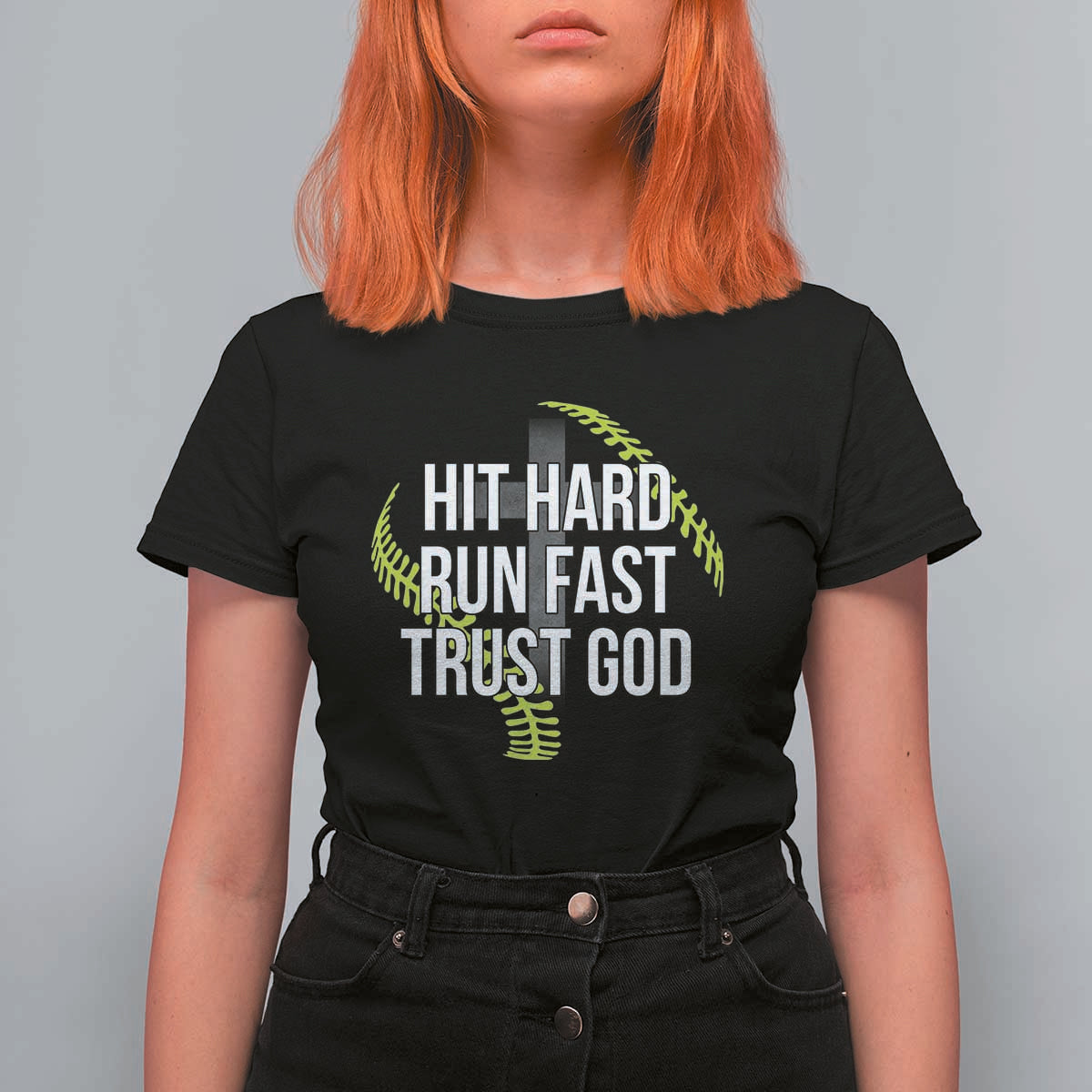 Hit Hard Run Fast Trust God Christian Softball T Shirt For Women