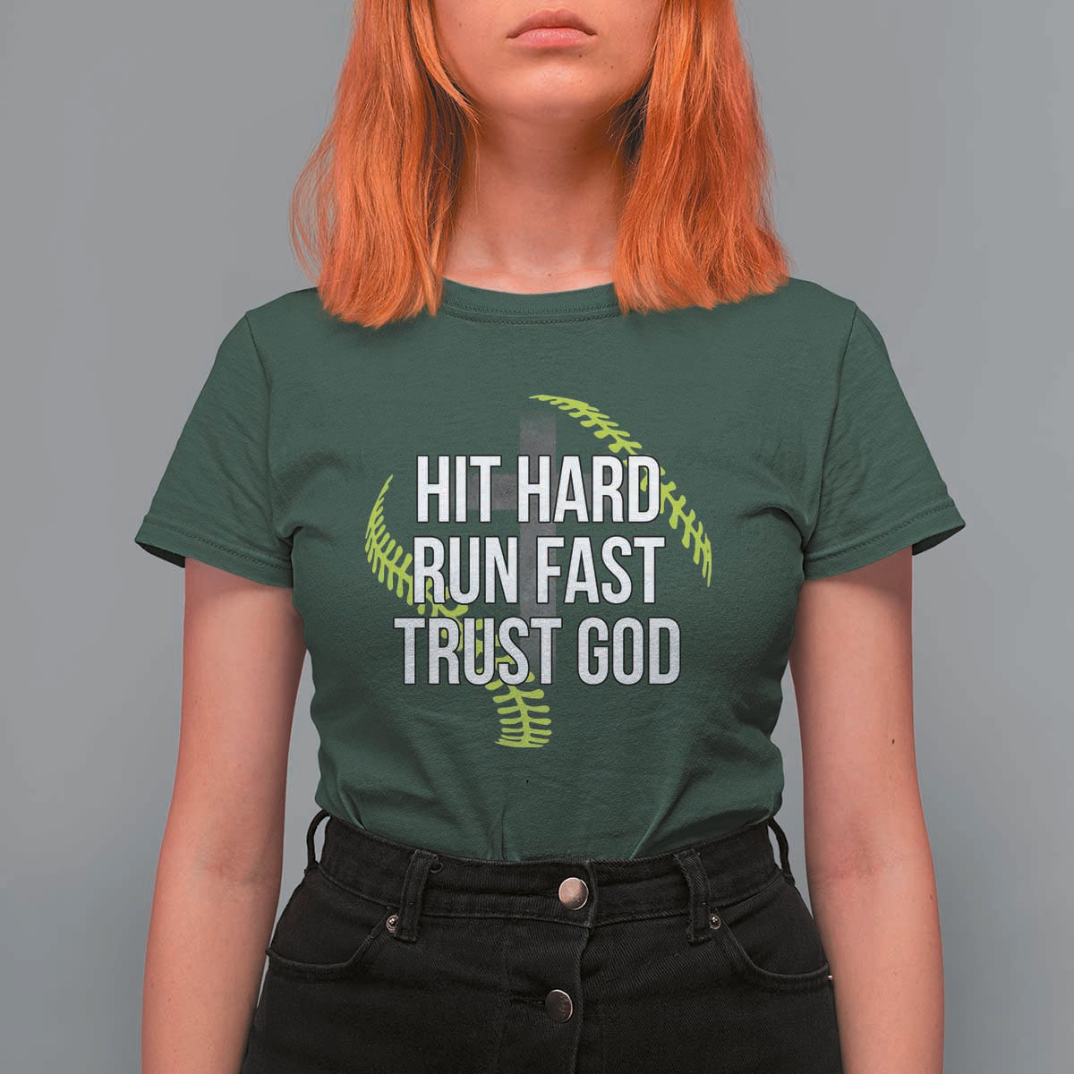Hit Hard Run Fast Trust God Christian Softball T Shirt For Women