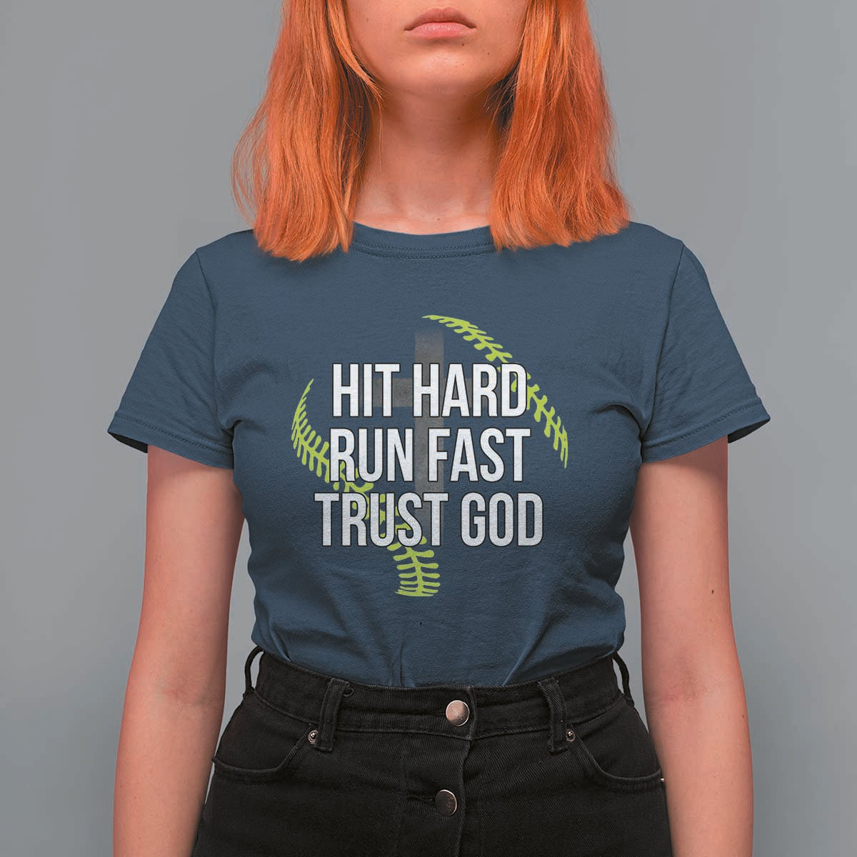 Hit Hard Run Fast Trust God Christian Softball T Shirt For Women