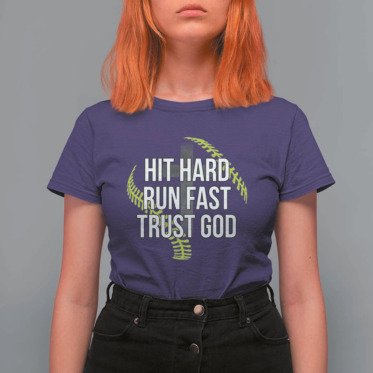 Hit Hard Run Fast Trust God Christian Softball T Shirt For Women