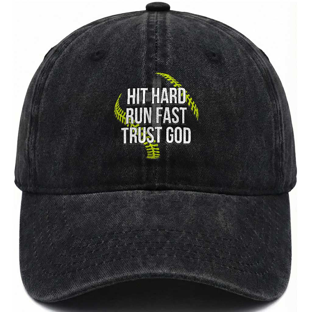 Hit Hard Run Fast Trust God Christian Softball Washed Cotton Baseball Cap