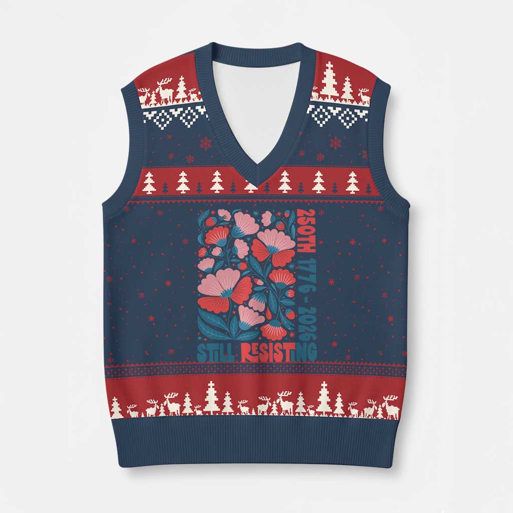 Floral 250th Still Resisting 4th of July 1776 2026 V-Neck Knit Sweater Vest