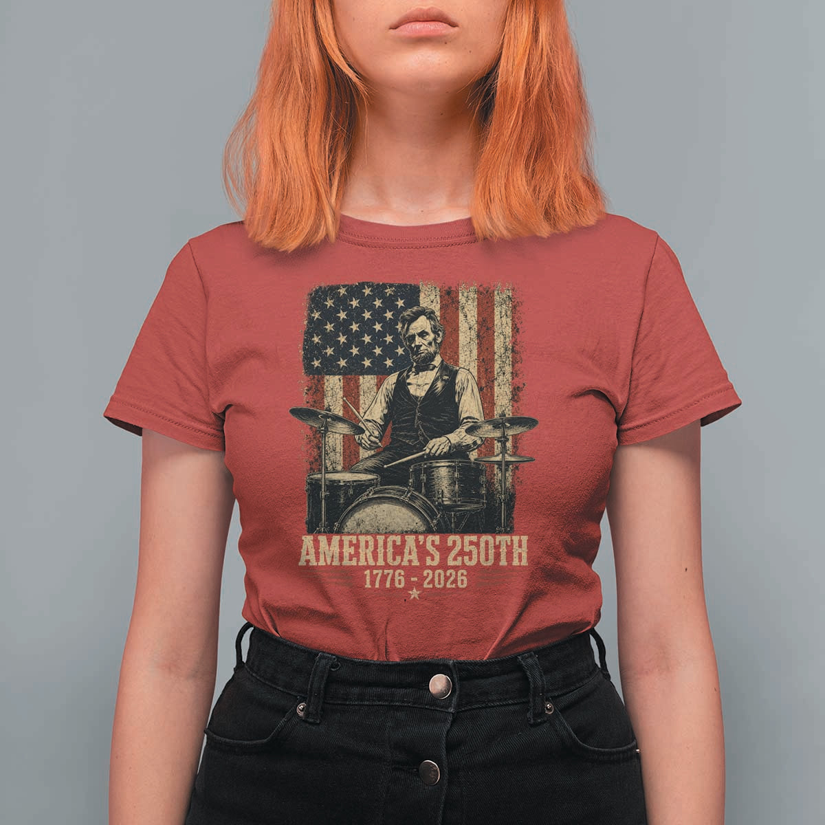 America's 250th Abraham Lincoln Playing Guitar 1776 2026 T Shirt For Women Funny Electric Guitar Player