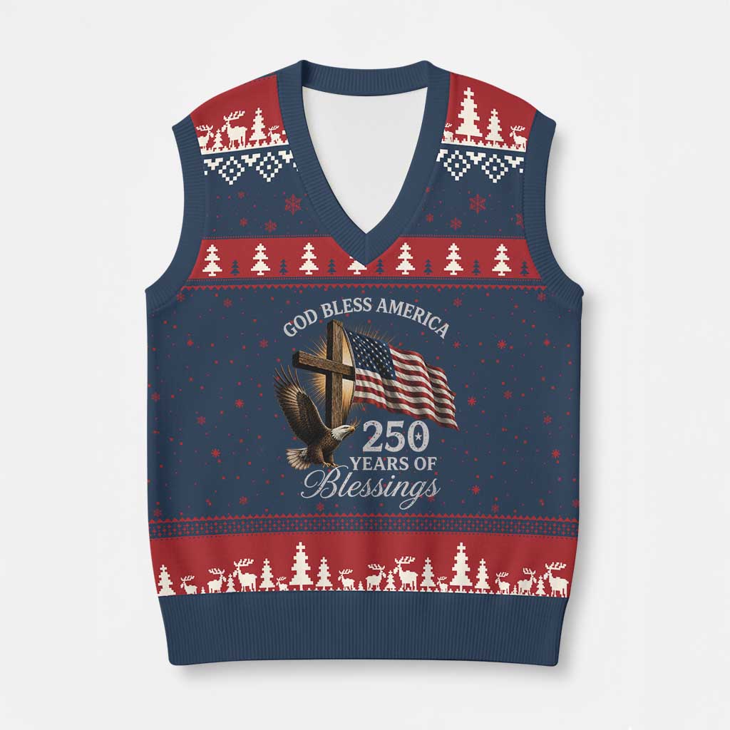 God Bless America 250 Years Of Blessings V-Neck Knit Sweater Vest US 250th Anniversary Bald Eagle American Flag