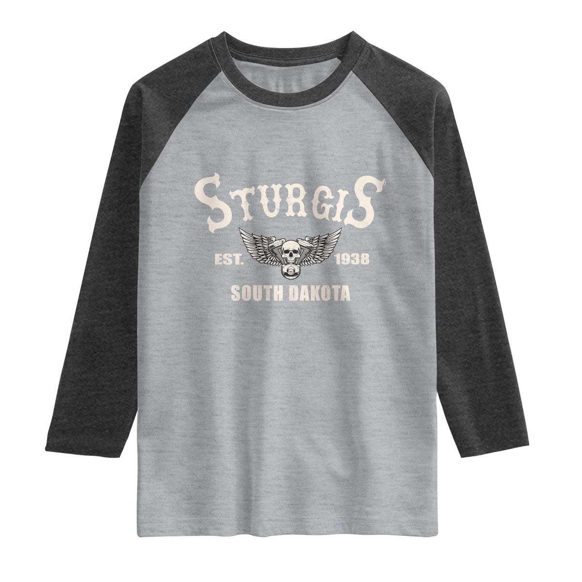Sturgis South Dakota Est 1938 Motorcycle Biker Skull Raglan Shirt
