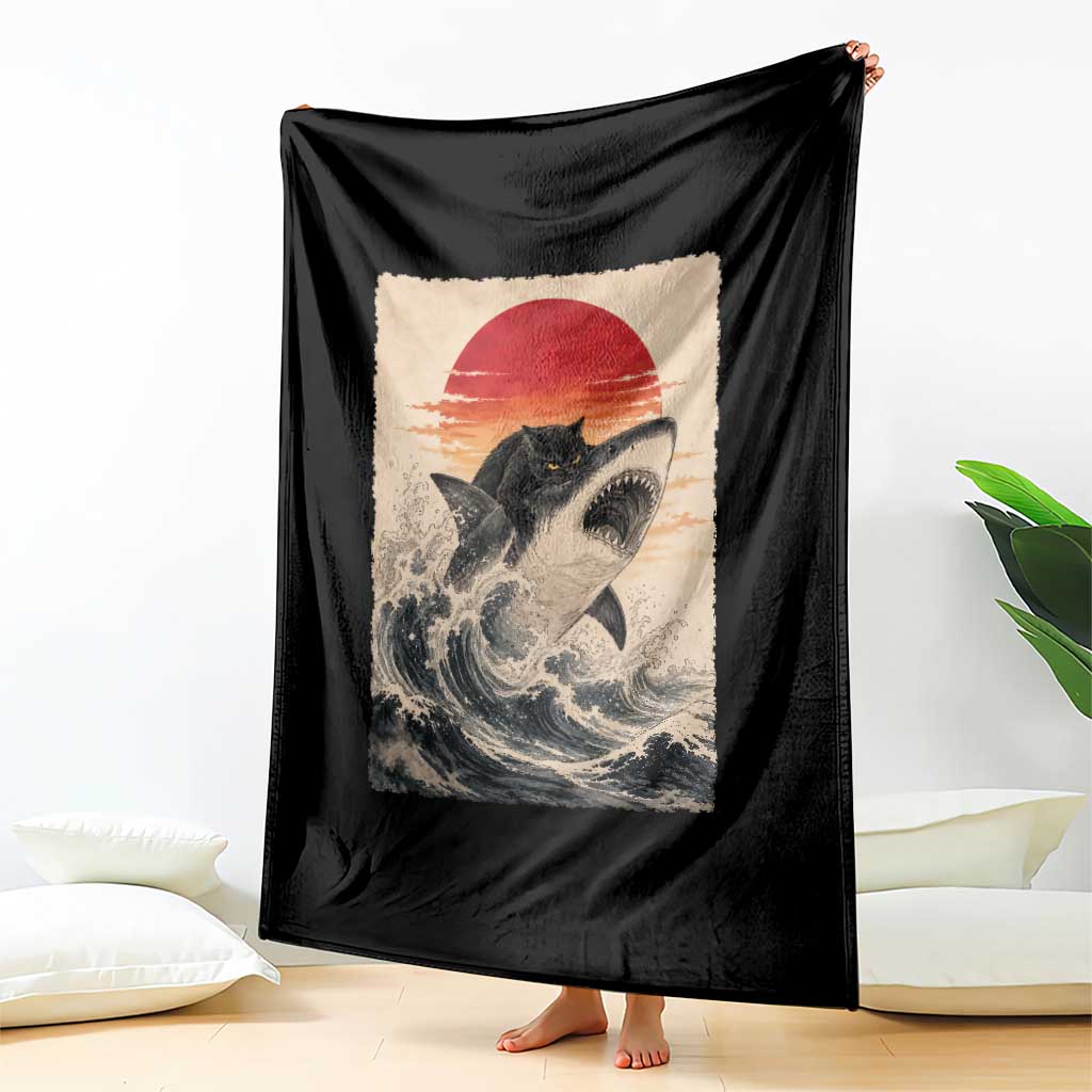 Black Cat Hunting Shark Ukiyo e Ocean Art Throw Blanket Funny Japanese Style Graphic