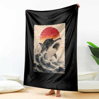 Black Cat Hunting Shark Ukiyo e Ocean Art Throw Blanket Funny Japanese Style Graphic