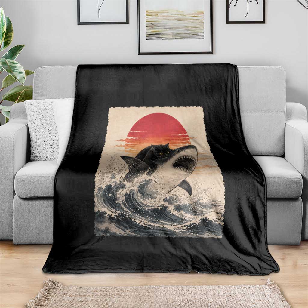 Black Cat Hunting Shark Ukiyo e Ocean Art Throw Blanket Funny Japanese Style Graphic