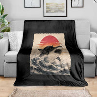 Black Cat Hunting Shark Ukiyo e Ocean Art Throw Blanket Funny Japanese Style Graphic