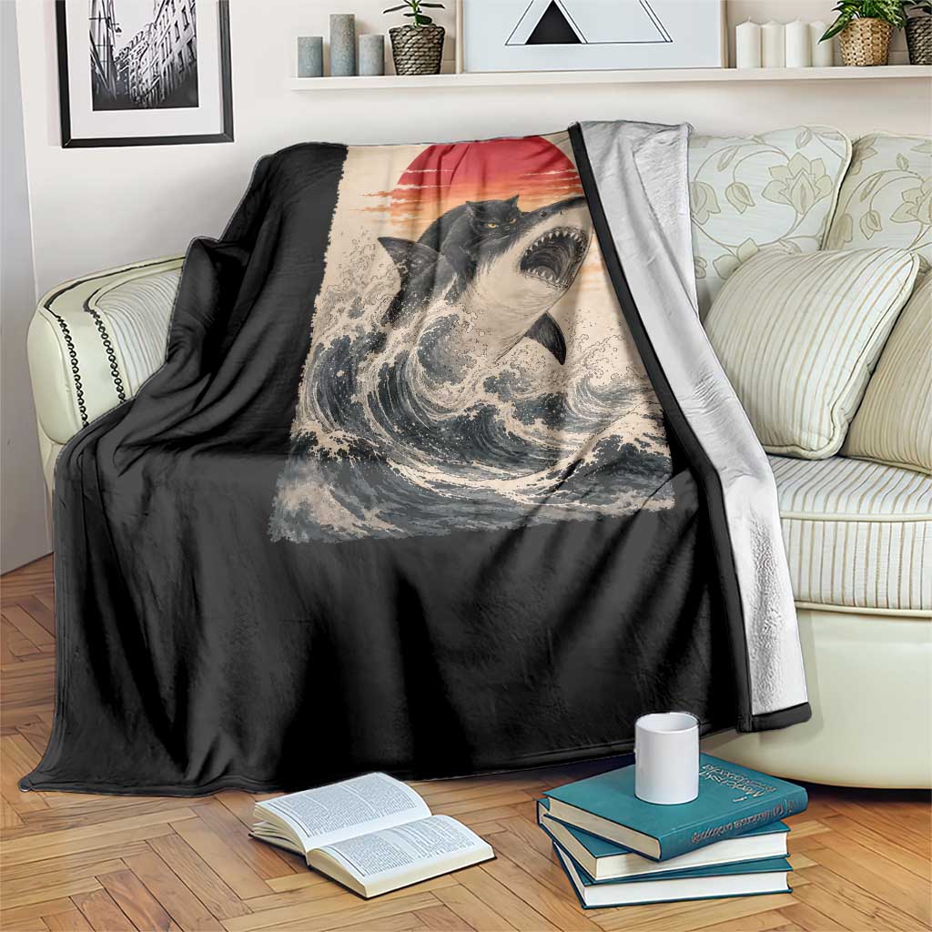 Black Cat Hunting Shark Ukiyo e Ocean Art Throw Blanket Funny Japanese Style Graphic