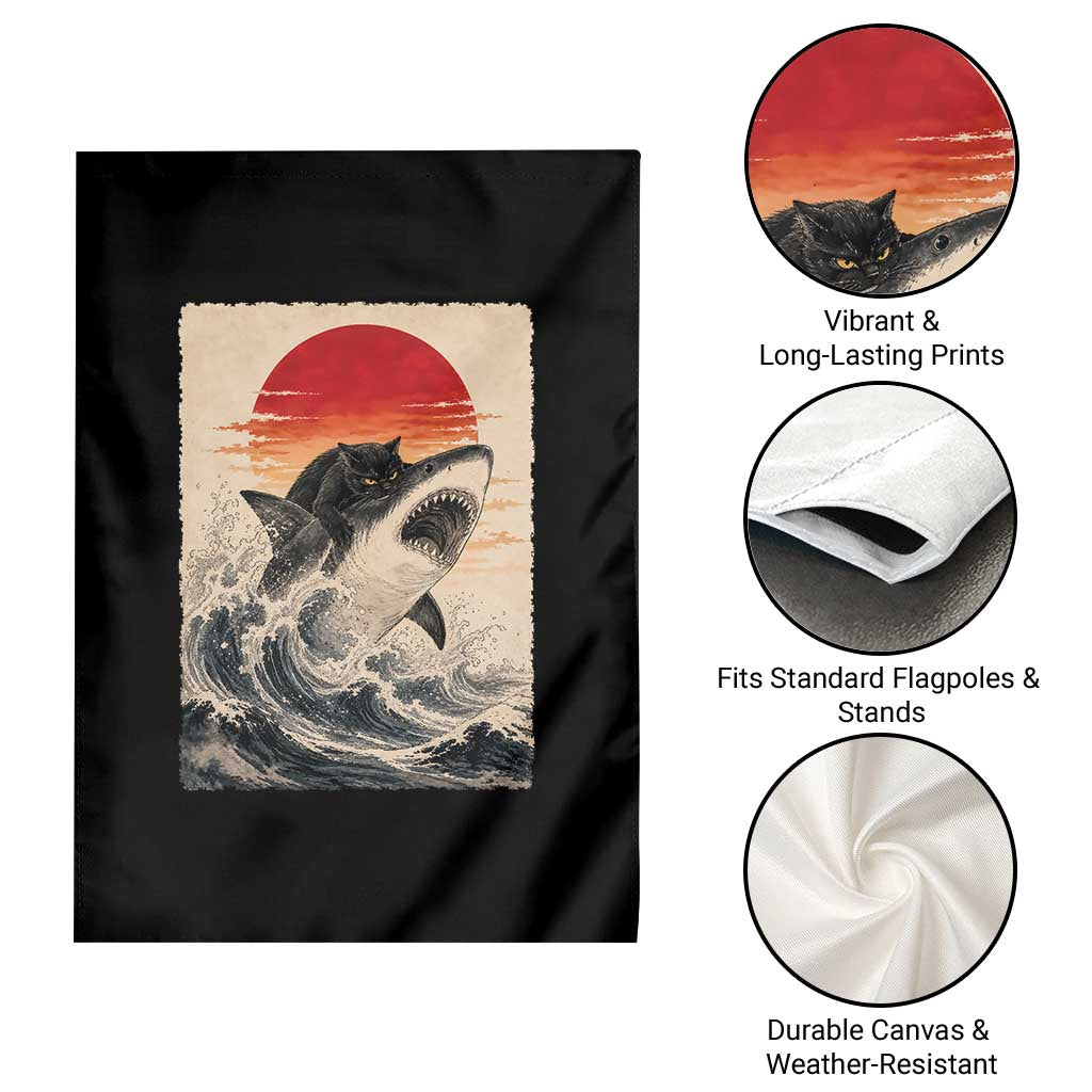 Black Cat Hunting Shark Ukiyo e Ocean Art Garden Flag Funny Japanese Style Graphic