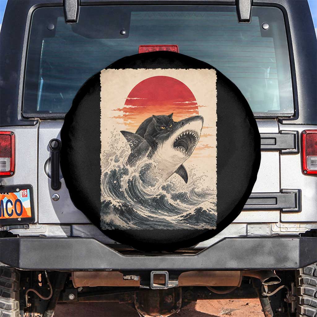 Black Cat Hunting Shark Ukiyo e Ocean Art Spare Tire Cover Funny Japanese Style Graphic