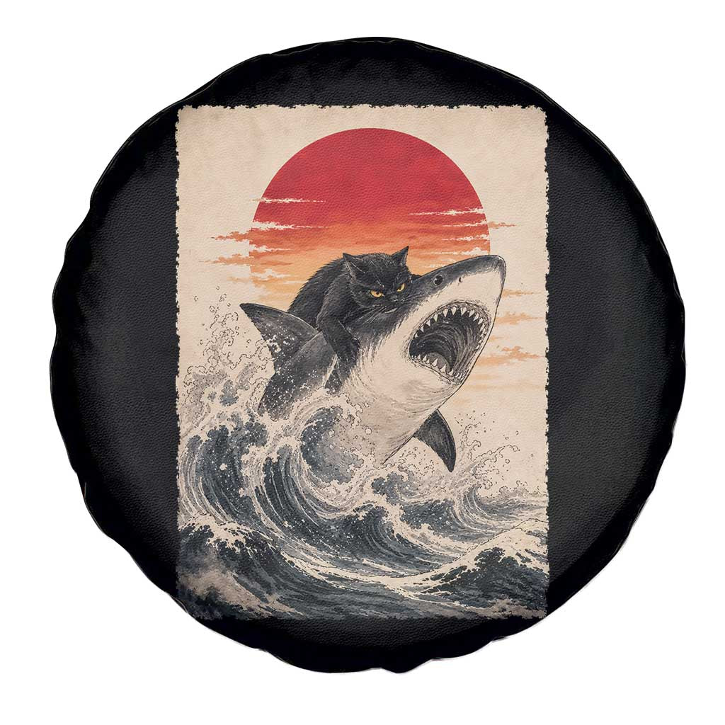 Black Cat Hunting Shark Ukiyo e Ocean Art Spare Tire Cover Funny Japanese Style Graphic