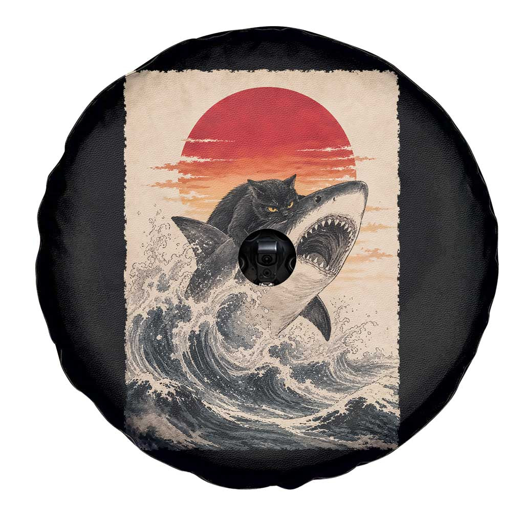 Black Cat Hunting Shark Ukiyo e Ocean Art Spare Tire Cover Funny Japanese Style Graphic