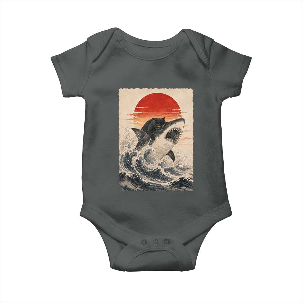 Black Cat Hunting Shark Ukiyo e Ocean Art Baby Onesie Funny Japanese Style Graphic