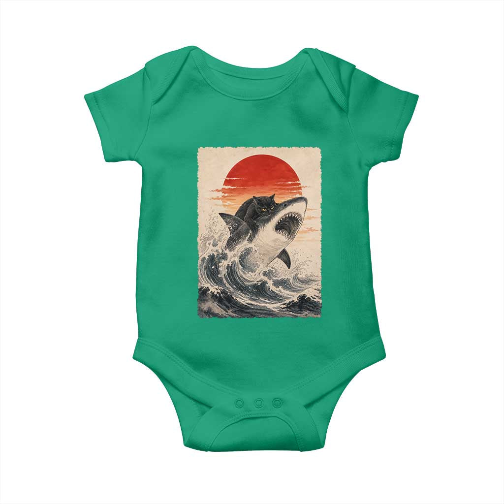 Black Cat Hunting Shark Ukiyo e Ocean Art Baby Onesie Funny Japanese Style Graphic