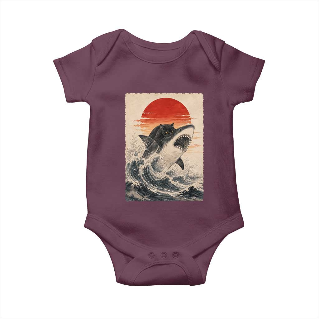 Black Cat Hunting Shark Ukiyo e Ocean Art Baby Onesie Funny Japanese Style Graphic