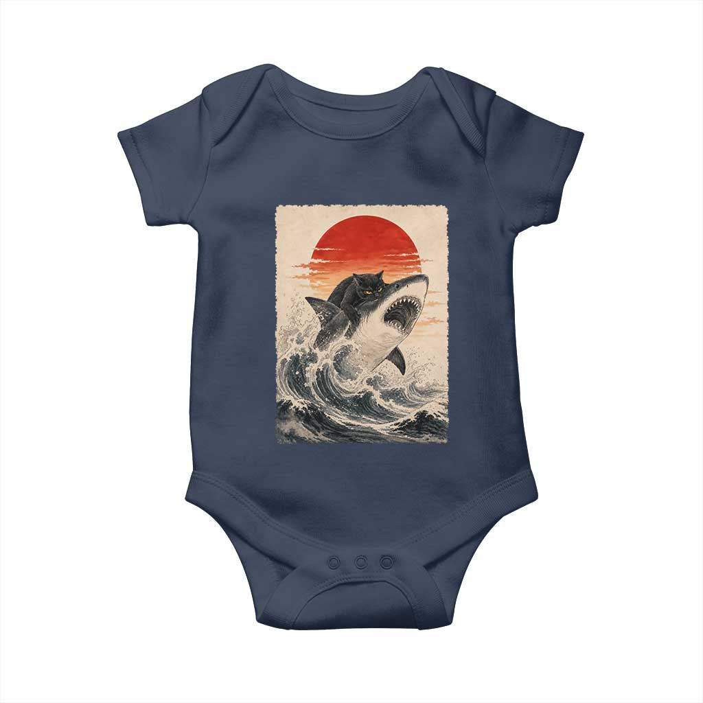Black Cat Hunting Shark Ukiyo e Ocean Art Baby Onesie Funny Japanese Style Graphic
