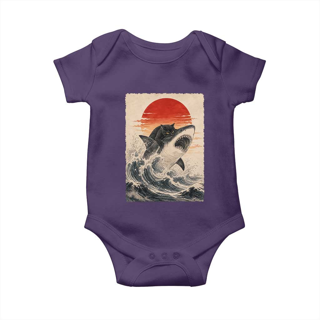 Black Cat Hunting Shark Ukiyo e Ocean Art Baby Onesie Funny Japanese Style Graphic