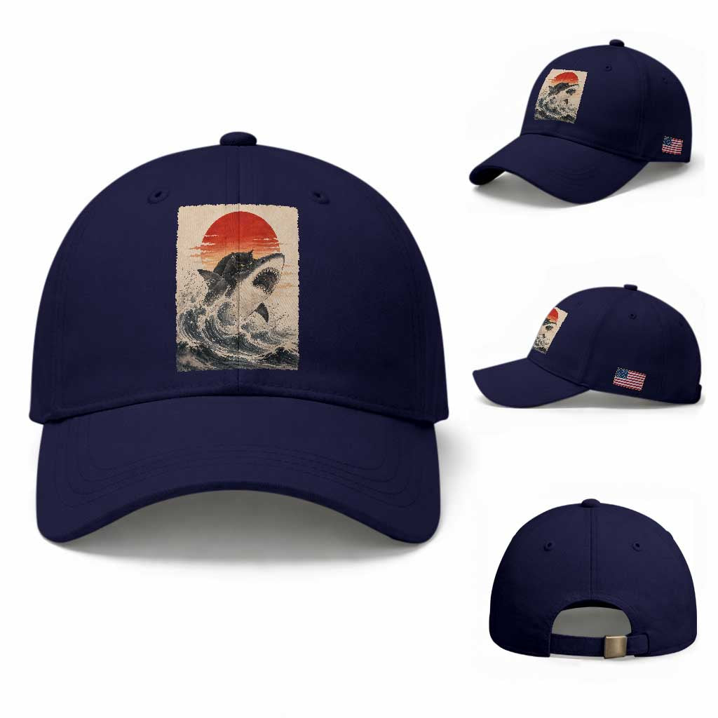 Black Cat Hunting Shark Ukiyo e Ocean Art Baseball Cap Funny Japanese Style Graphic