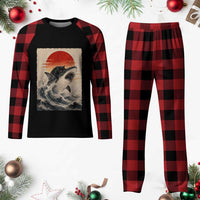 Black Cat Hunting Shark Ukiyo e Ocean Art Plaid Pajama Set Funny Japanese Style Graphic