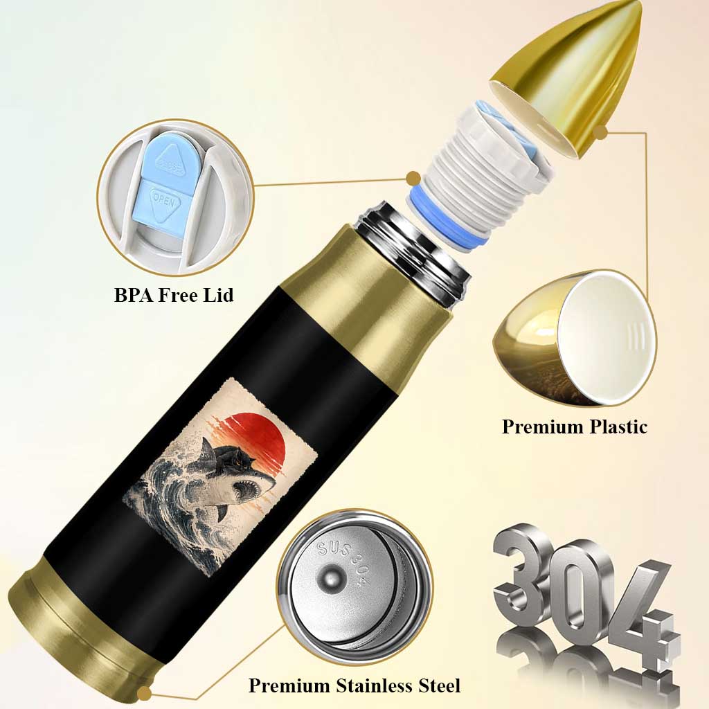 Black Cat Hunting Shark Ukiyo e Ocean Art Bullet Tumbler Funny Japanese Style Graphic