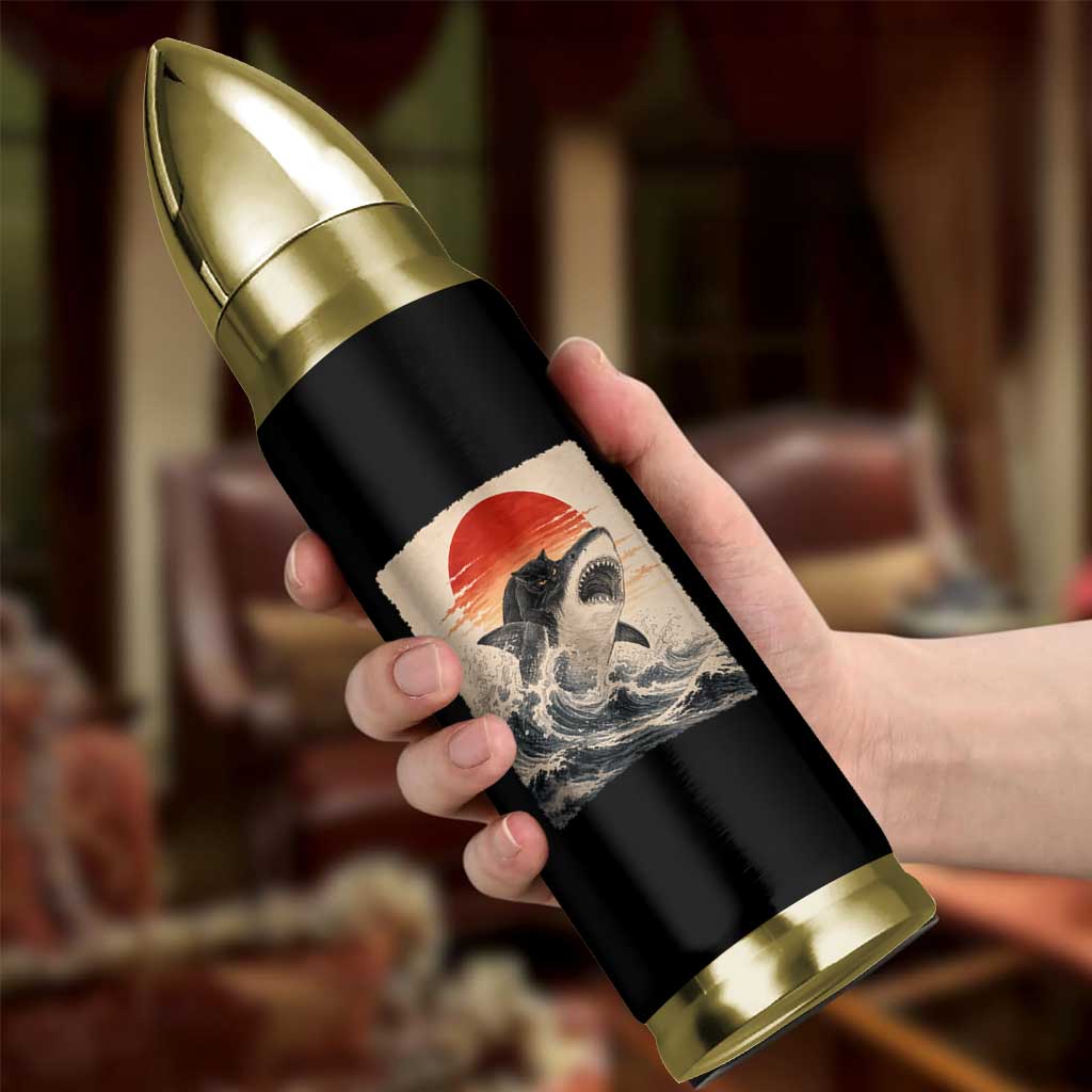 Black Cat Hunting Shark Ukiyo e Ocean Art Bullet Tumbler Funny Japanese Style Graphic