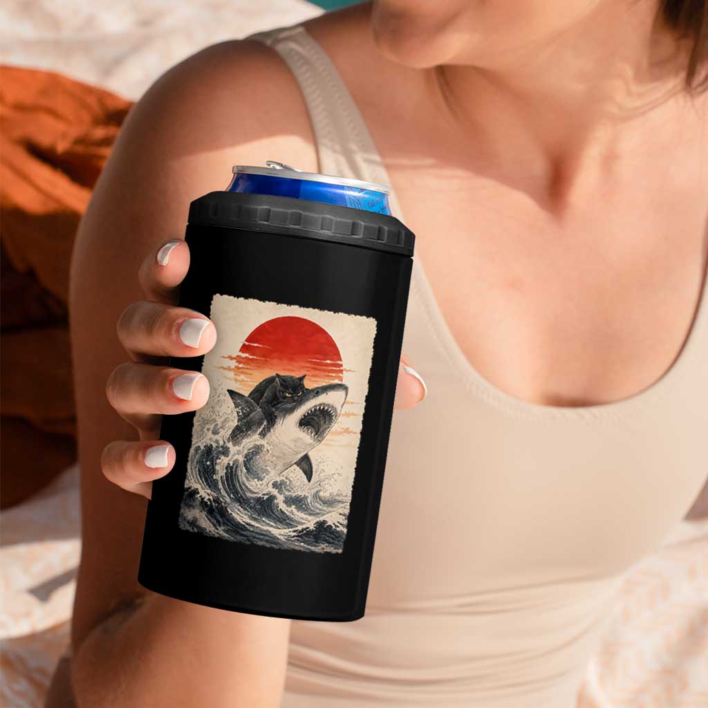 Black Cat Hunting Shark Ukiyo e Ocean Art 4 in 1 Can Cooler Tumbler Funny Japanese Style Graphic