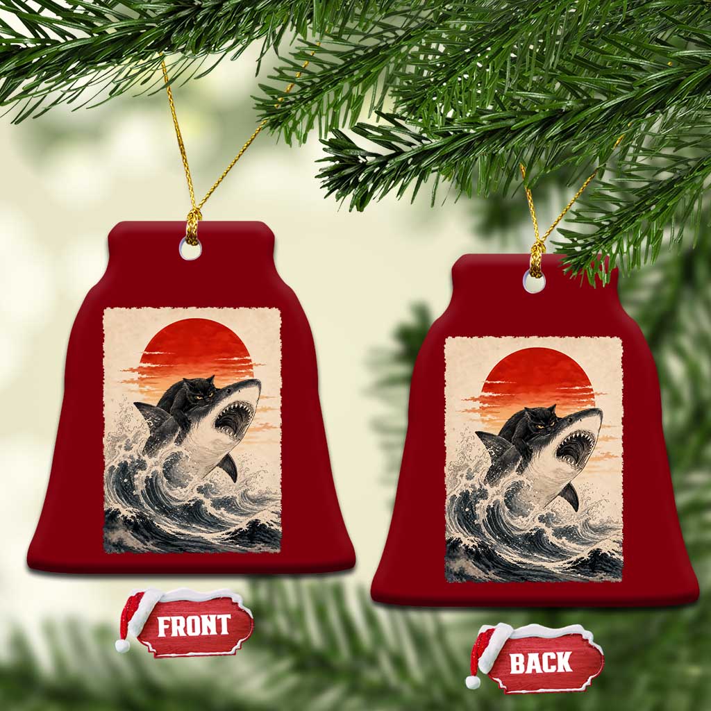 Black Cat Hunting Shark Ukiyo e Ocean Art Ceramic Ornament Funny Japanese Style Graphic