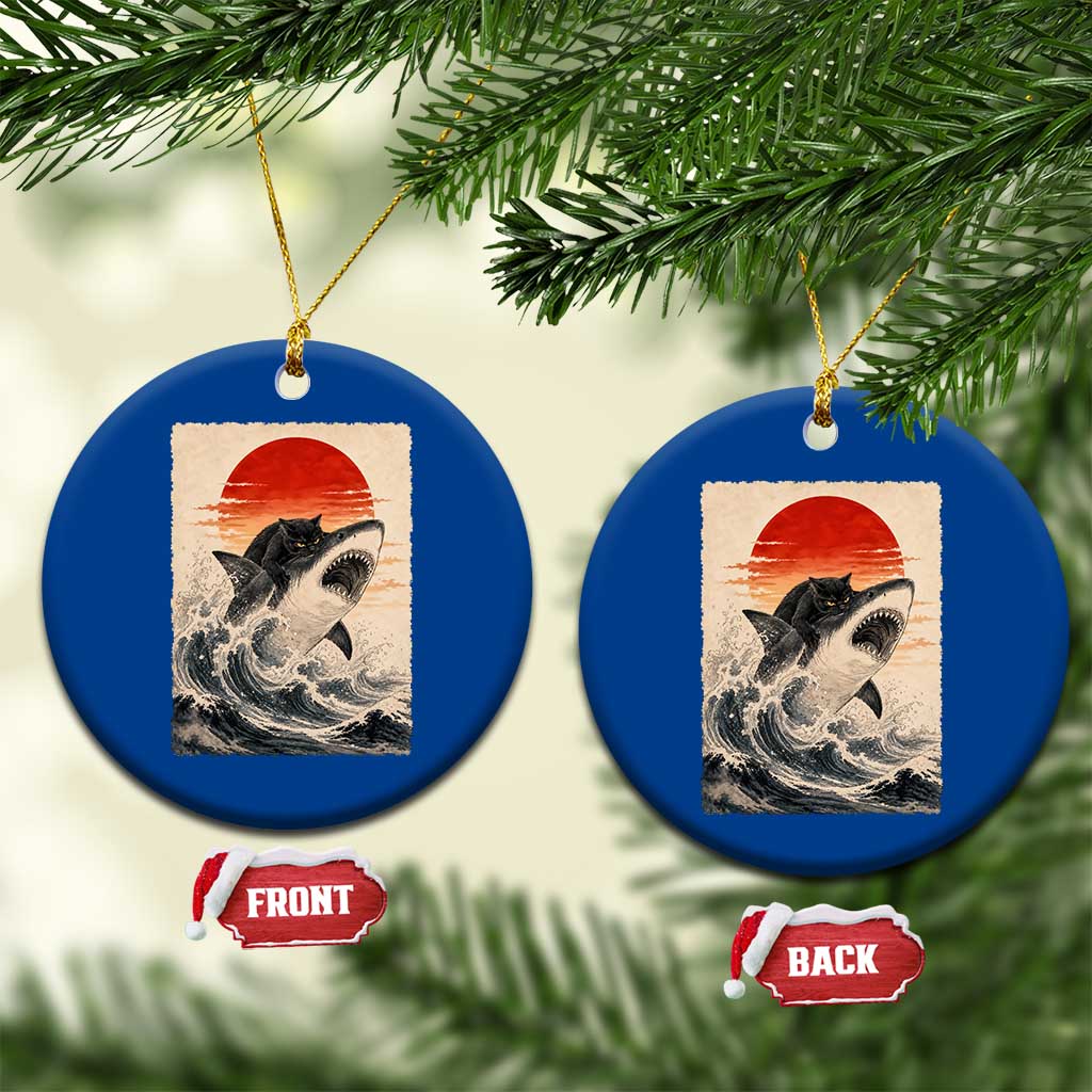 Black Cat Hunting Shark Ukiyo e Ocean Art Ceramic Ornament Funny Japanese Style Graphic