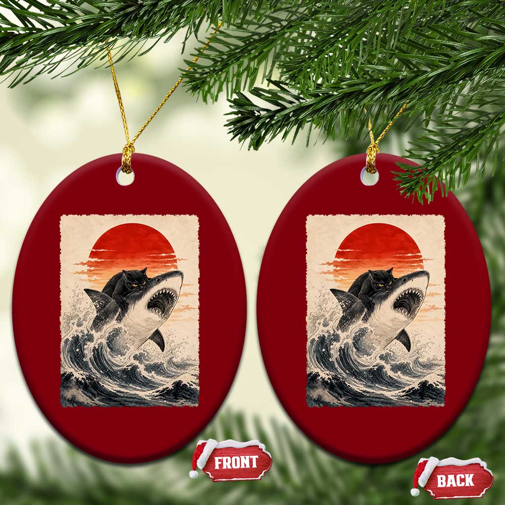 Black Cat Hunting Shark Ukiyo e Ocean Art Ceramic Ornament Funny Japanese Style Graphic