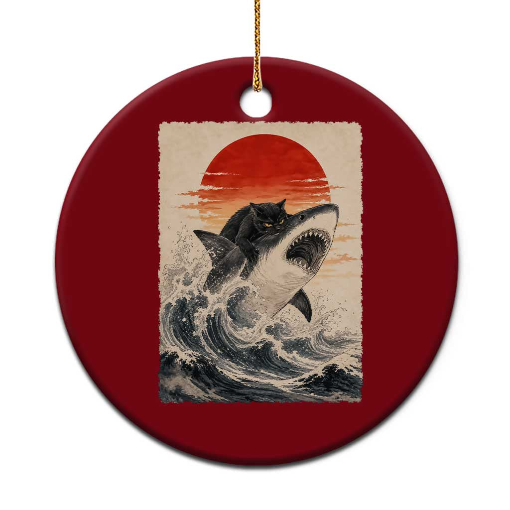Black Cat Hunting Shark Ukiyo e Ocean Art Ceramic Ornament Funny Japanese Style Graphic