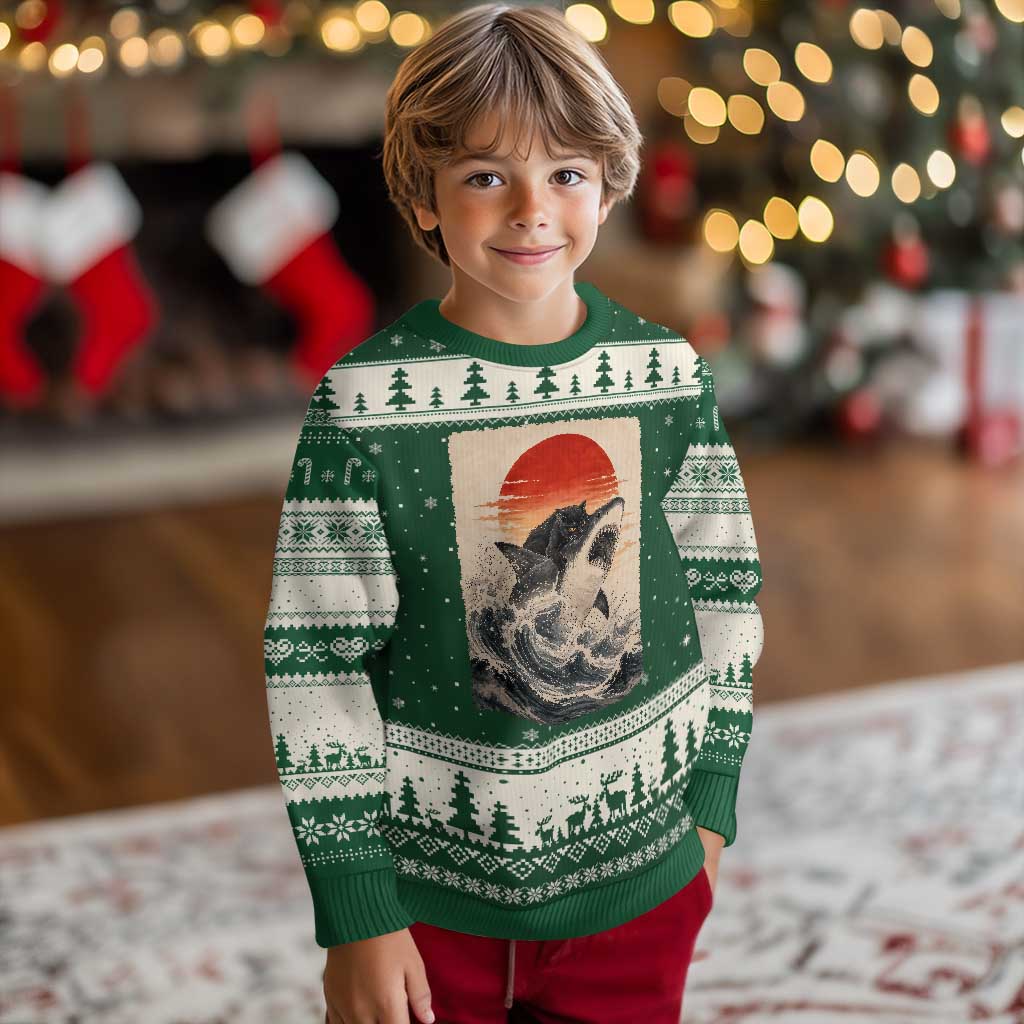 Black Cat Hunting Shark Ukiyo e Ocean Art Ugly Christmas Sweater Funny Japanese Style Graphic