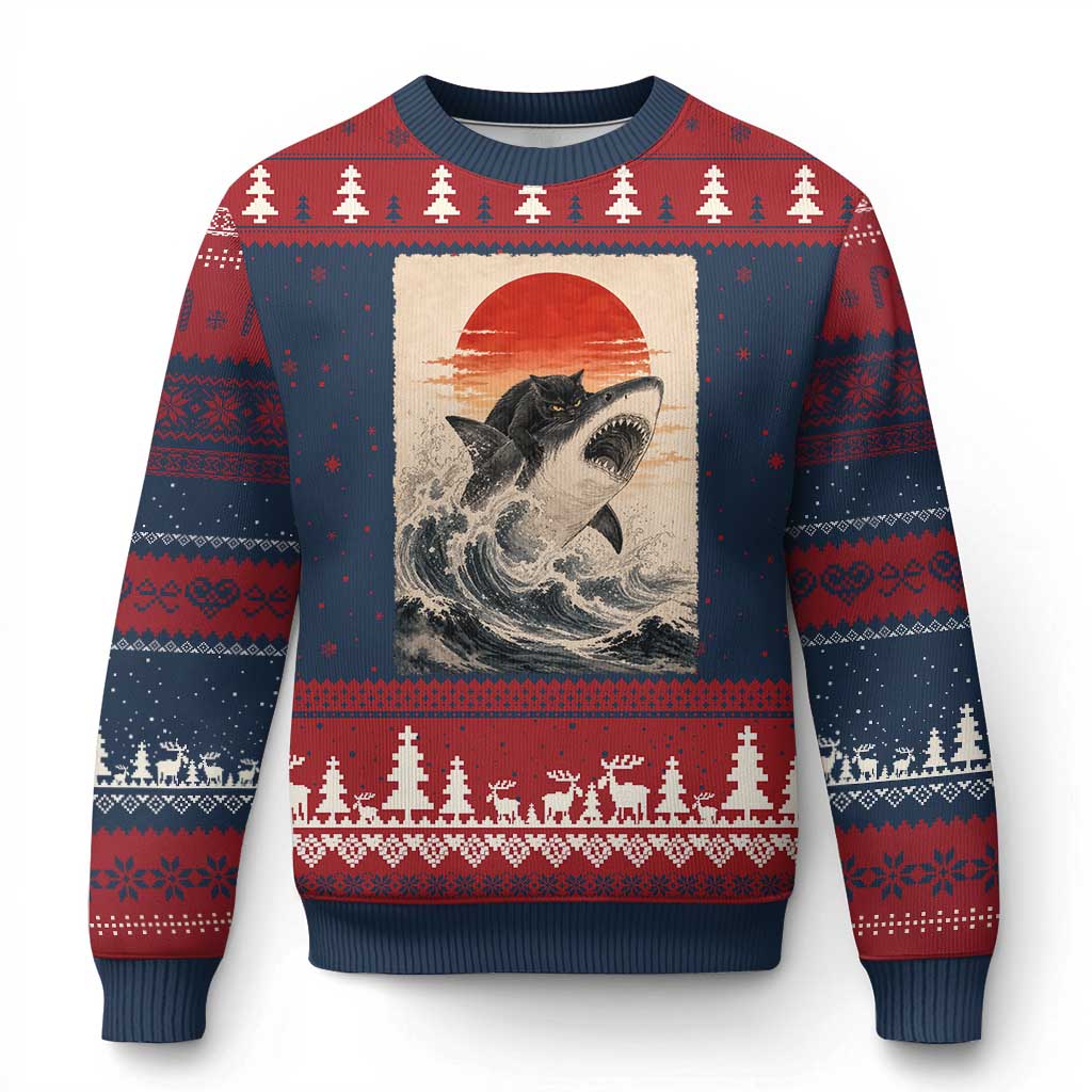 Black Cat Hunting Shark Ukiyo e Ocean Art Ugly Christmas Sweater Funny Japanese Style Graphic