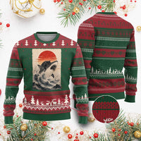 Black Cat Hunting Shark Ukiyo e Ocean Art Ugly Christmas Sweater Funny Japanese Style Graphic