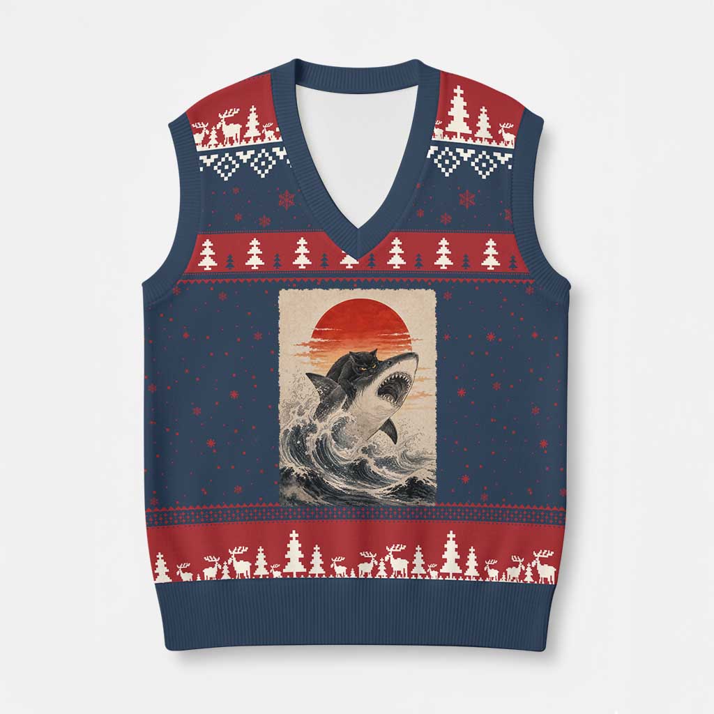 Black Cat Hunting Shark Ukiyo e Ocean Art V-Neck Knit Sweater Vest Funny Japanese Style Graphic