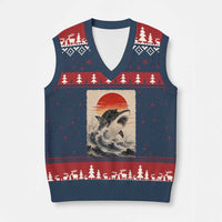 Black Cat Hunting Shark Ukiyo e Ocean Art V-Neck Knit Sweater Vest Funny Japanese Style Graphic