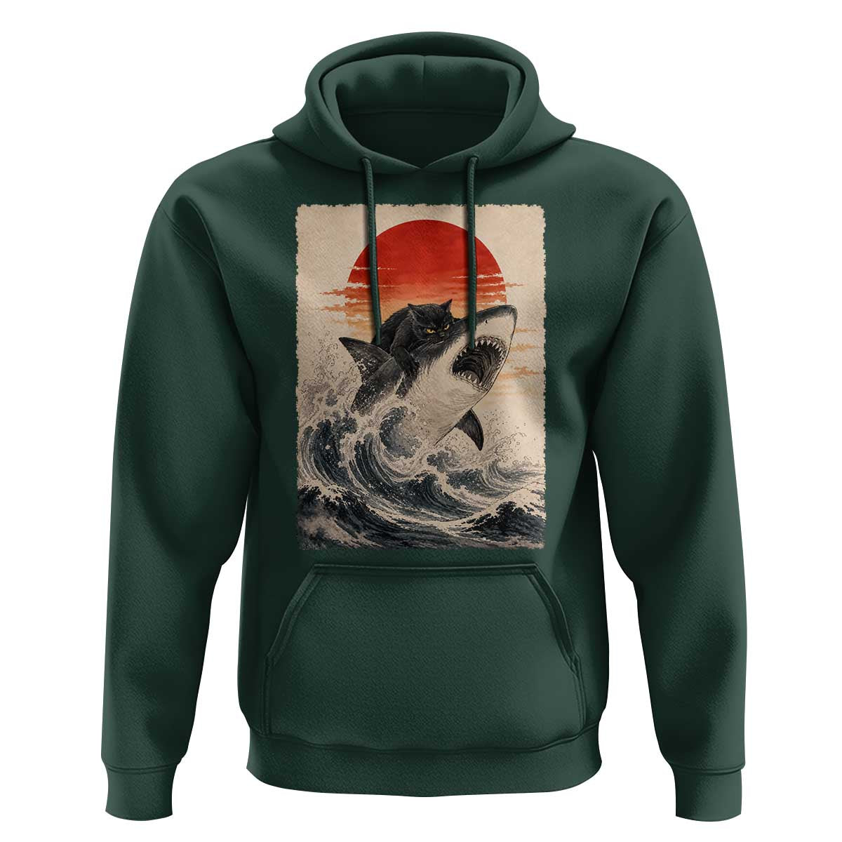 Black Cat Hunting Shark Ukiyo e Ocean Art Hoodie Funny Japanese Style Graphic