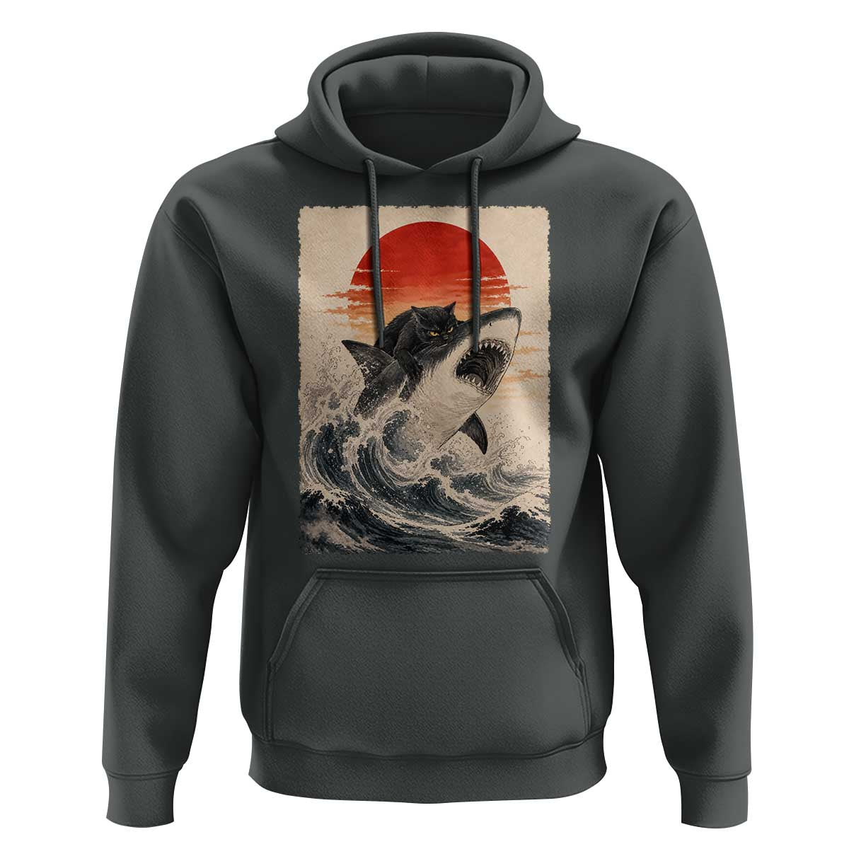 Black Cat Hunting Shark Ukiyo e Ocean Art Hoodie Funny Japanese Style Graphic