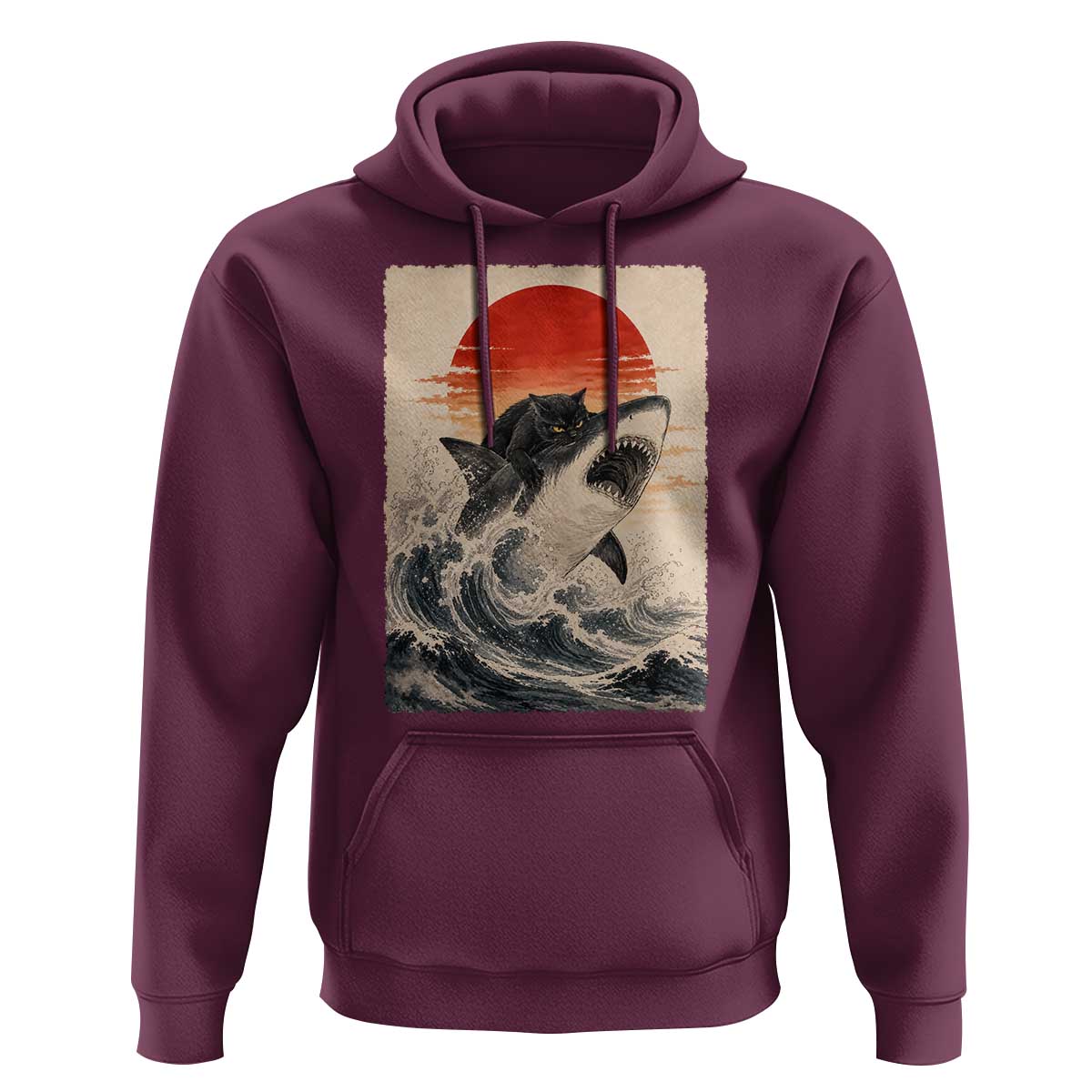 Black Cat Hunting Shark Ukiyo e Ocean Art Hoodie Funny Japanese Style Graphic